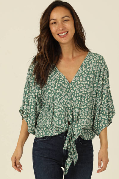 Nostalgia - N2Q81-W980 CACTUS PRINT V NECK KIMONO SLEEVE BLOUSE WITH TIE: M