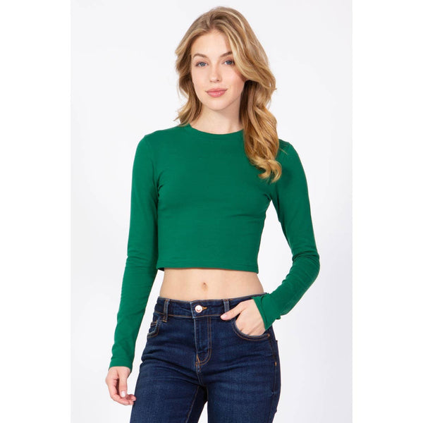 Timeless - Round Neck Long Sleeve Crop Shirt Top: WHITE / L