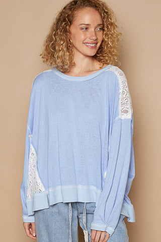 Pol Clothing - Round neck long sleeve lace patch solid knit top: EVENING BLUE / L