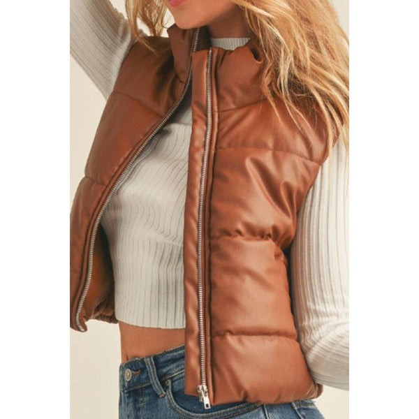 Timeless - FAUX LEATHER HIGH NECK ZIP UP PUFFER VEST: COGNAC / S-M-L(2-2-2)