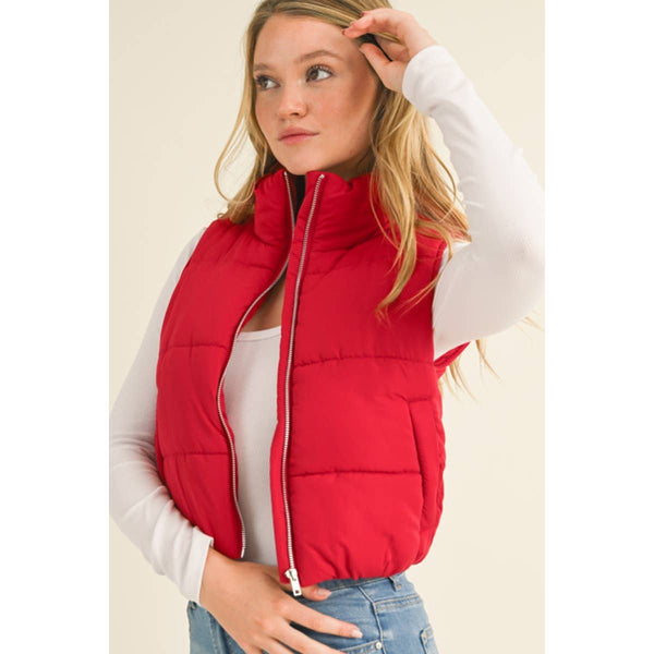 Timeless - High Neck Zip Up Outerwear Vest: DEEP RED / L