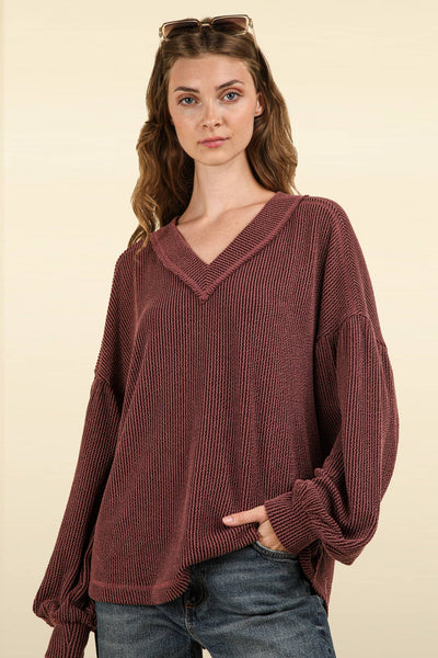 VERY J - NT11946-Two Tone Otto Ribbed V-Neck Oversized Knit Top: OATMEAL / S-M-L/2-2-2