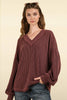 VERY J - NT11946-Two Tone Otto Ribbed V-Neck Oversized Knit Top: WINE / S-M-L/2-2-2