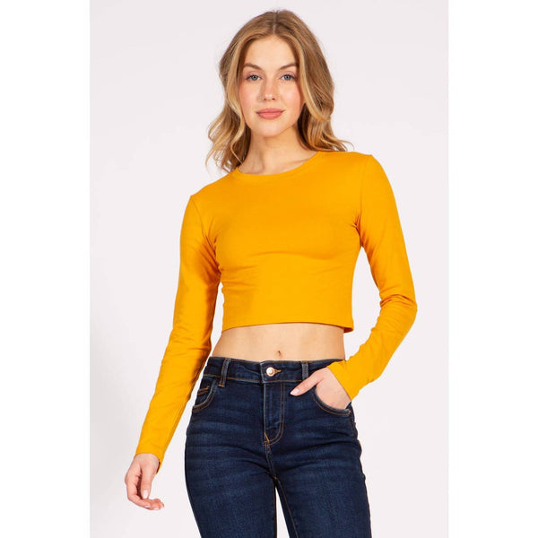 Timeless - Round Neck Long Sleeve Crop Shirt Top: GREEN / M