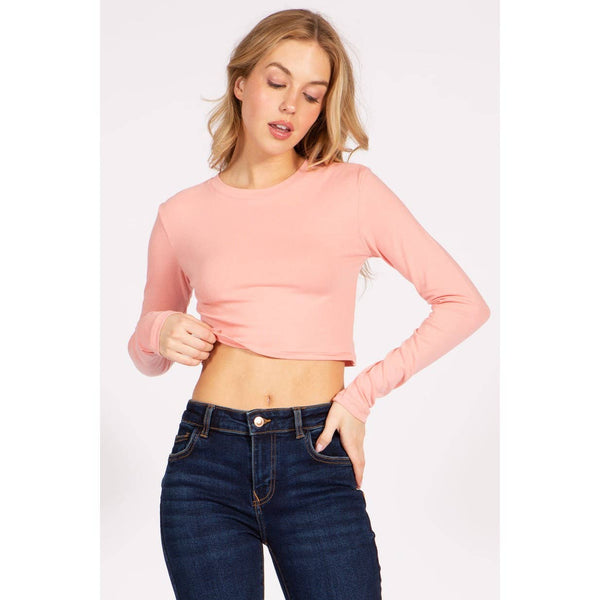 Timeless - Round Neck Long Sleeve Crop Shirt Top: BLACK / L