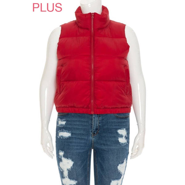 Timeless - PLUS Nylon High Neck Faux Down Puffer Vest: BLACK / 1X