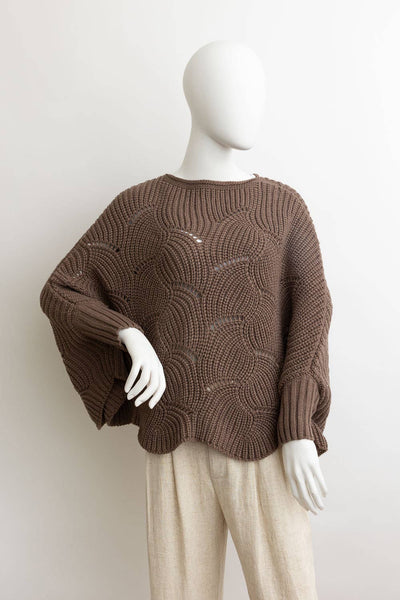 Leto Accessories - Ribbed Knit Pattern Poncho w/ Sleeves: Ivory