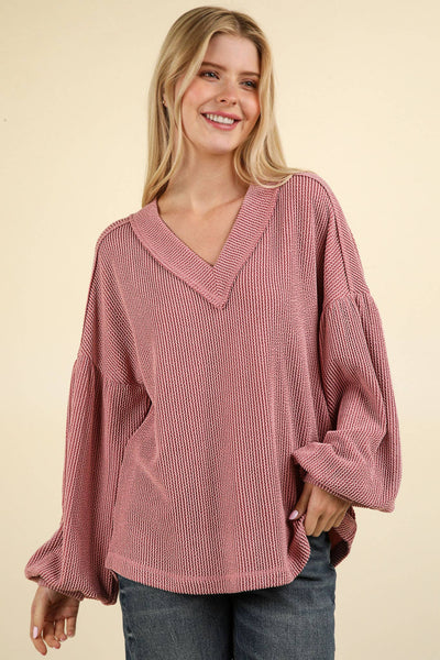 VERY J - NT11946-Two Tone Otto Ribbed V-Neck Oversized Knit Top: OATMEAL / S-M-L/2-2-2