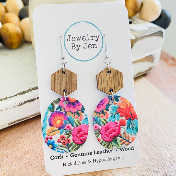 Jewelry By Jen - Walnut Hexagon & Bright Folk Floral