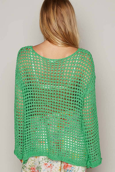 Pol Clothing - Dropped Shoulder Open Knit Boat Neck Sweater Top: L / WARM OLIVE