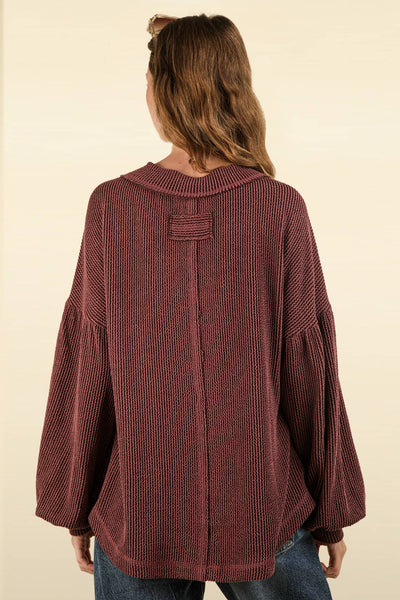 VERY J - NT11946-Two Tone Otto Ribbed V-Neck Oversized Knit Top: MOSS / S-M-L/2-2-2