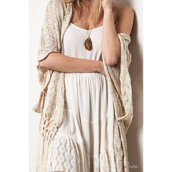 Kori - Bohemian inspired Crochet Knit Sweater with Fringe: NATURAL / ML