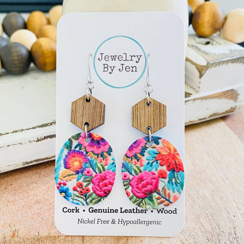 Jewelry By Jen - Walnut Hexagon & Bright Folk Floral