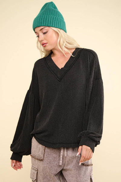 VERY J - NT11946-Two Tone Otto Ribbed V-Neck Oversized Knit Top: MOSS / S-M-L/2-2-2