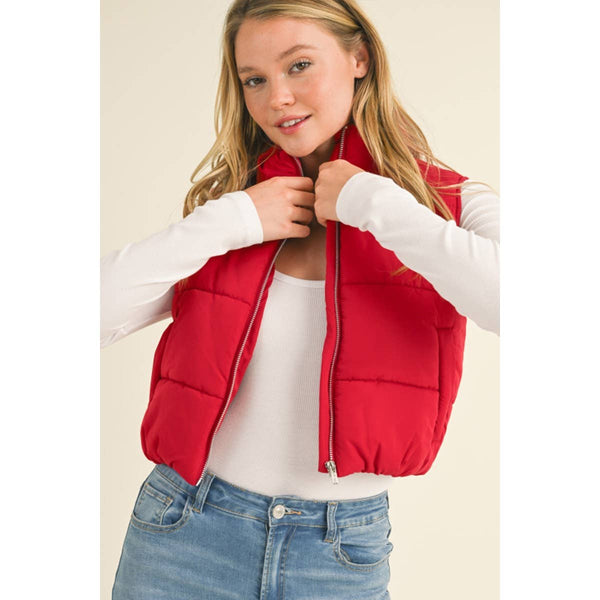 Timeless - High Neck Zip Up Outerwear Vest: DEEP RED / L