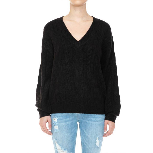 Timeless - Mossy V Neck Cable Knit Long Sleeve Sweater Top: BLACK / M