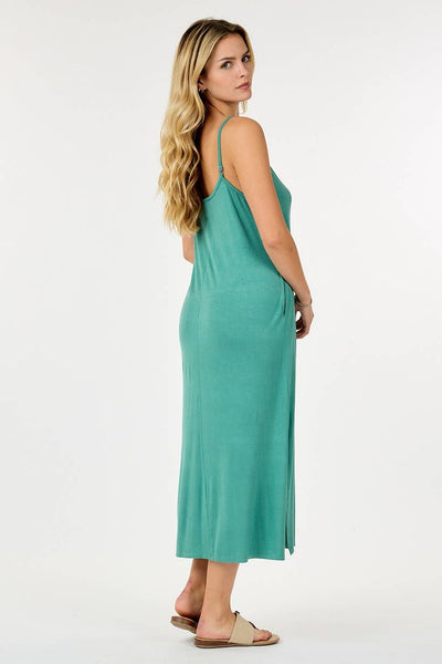 Shop Basic USA - Solid Long Dress With Spaghetti Straps: M / DUSTY GREEN