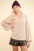 VERY J - NT11946-Two Tone Otto Ribbed V-Neck Oversized Knit Top: OATMEAL / S-M-L/2-2-2