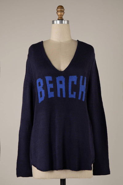 MIRACLE - Beach Saying Lightweight Knit V Neck Sweater: Aqua/White / M