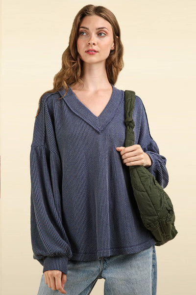 VERY J - NT11946-Two Tone Otto Ribbed V-Neck Oversized Knit Top: OATMEAL / S-M-L/2-2-2