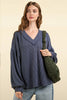 VERY J - NT11946-Two Tone Otto Ribbed V-Neck Oversized Knit Top: MOSS / S-M-L/2-2-2