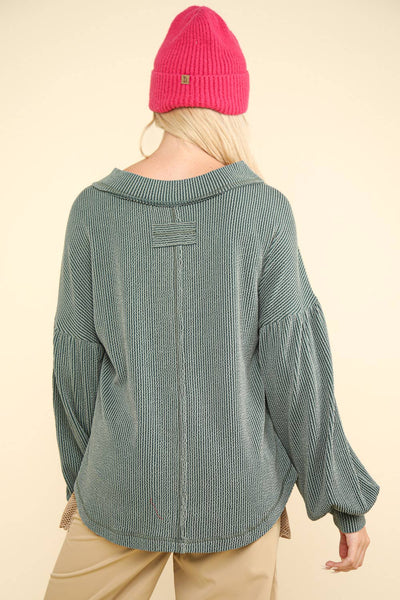 VERY J - NT11946-Two Tone Otto Ribbed V-Neck Oversized Knit Top: MOSS / S-M-L/2-2-2