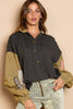 Pol Clothing - Contrast woven sleeves cropped collared sweater top SALE: CHARCOAL / L