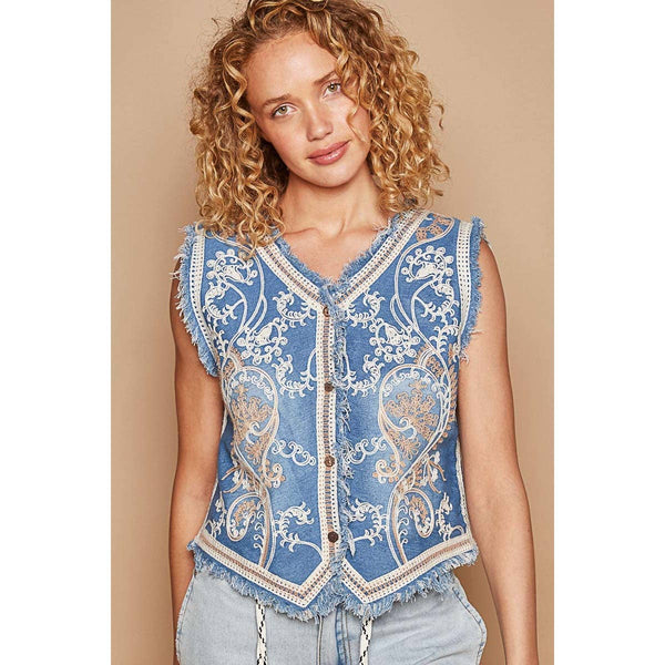 Pol Clothing - V-neck sleevless western embroidery denim vest: DENIM / OS