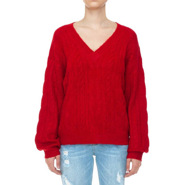 Timeless - Mossy V Neck Cable Knit Long Sleeve Sweater Top: IVORY / M