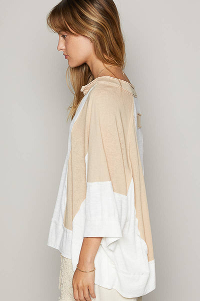 Pol Clothing - Oversize notched neck frayed edge contrast knit top SALE: L / LATTE/IVORY