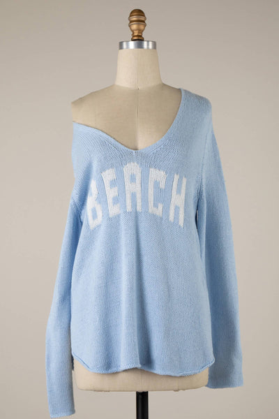 MIRACLE - Beach Saying Lightweight Knit V Neck Sweater: Grey Blue / S