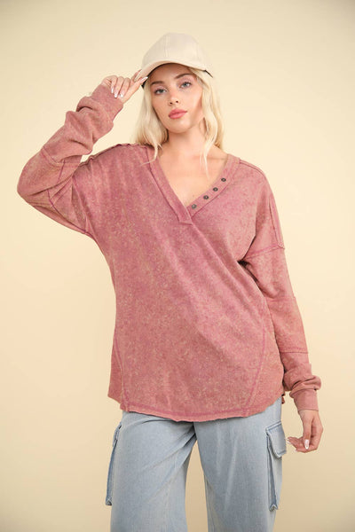 VERY J - NT11802-Washed Knit V-Neck Oversized Top: Black / S-M-L/2-2-2