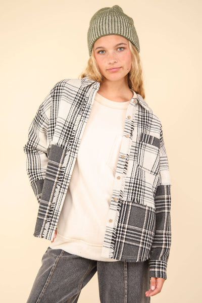 VERY J - NJ90261-Mixed Plaid Oversized Casual Shacket Jacket: OLIVE / S-M-L/2-2-2