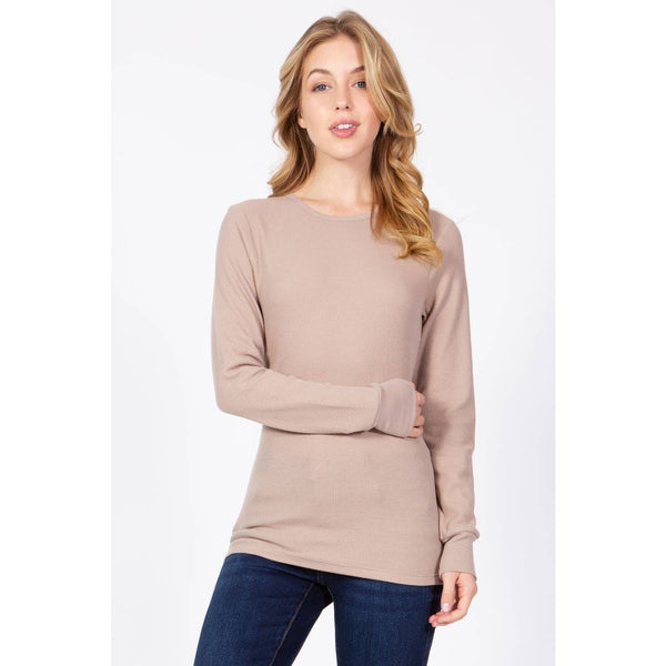 Timeless - Long Sleeve Round Neck Thermal Top Shirt: BLACK / L