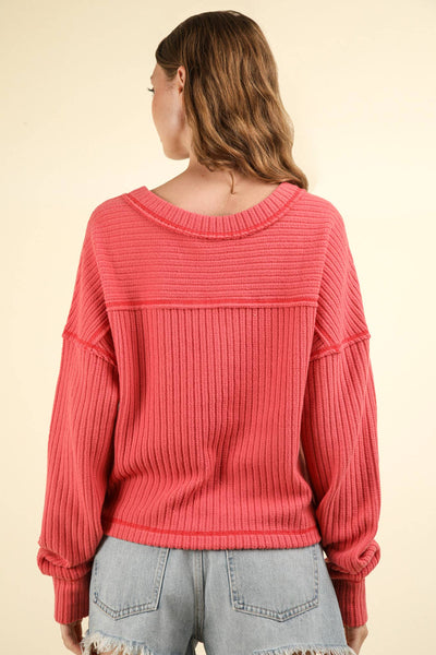 VERY J - NT11804-Casual Comfy Soft V-Neck Knit Top: ECRU / S-M-L/2-2-2