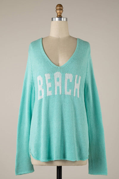 MIRACLE - Beach Saying Lightweight Knit V Neck Sweater: Grey Blue / S