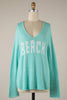 MIRACLE - Beach Saying Lightweight Knit V Neck Sweater: Aqua/White / L