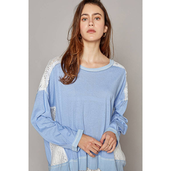 Pol Clothing - Round neck long sleeve lace patch solid knit top: EVENING BLUE / L