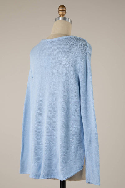 MIRACLE - Beach Saying Lightweight Knit V Neck Sweater: Aqua/White / L