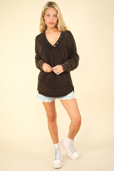 VERY J - NT11802-Washed Knit V-Neck Oversized Top: Black / S-M-L/2-2-2