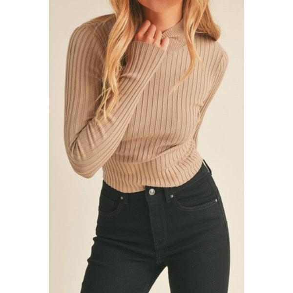 Timeless - Ribbed Mock Neck Long Sleeve Sweater Top: IVORY / L