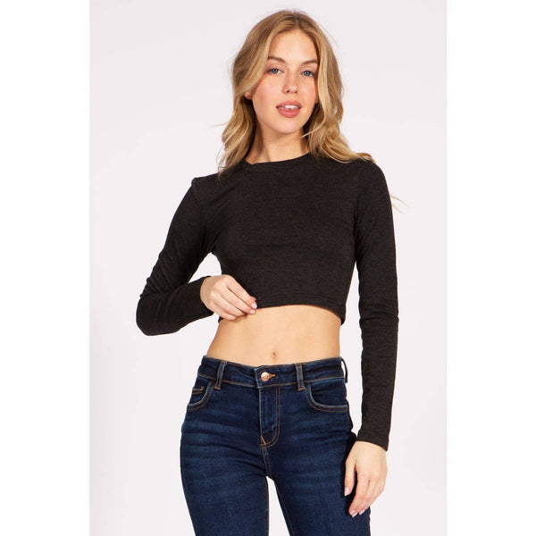 Timeless - Round Neck Long Sleeve Crop Shirt Top: BLACK / L