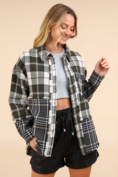 VERY J - NJ90261-Mixed Plaid Oversized Casual Shacket Jacket: IVORY / S-M-L/2-2-2