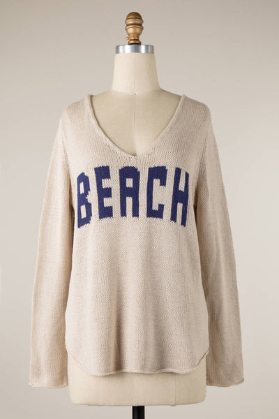 MIRACLE - Beach Saying Lightweight Knit V Neck Sweater: Aqua/White / L