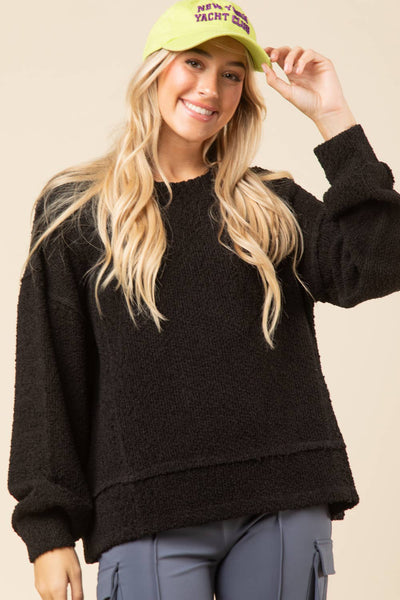 VERY J - NT11338-Round Neck Textured Knit Oversized Top: Black / S-M-L/2-2-2