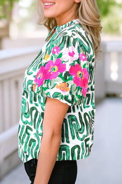 Little Daisy Closet - Embroidered Puff Sleeve Frilled Neck Printed Top: XL / Blue