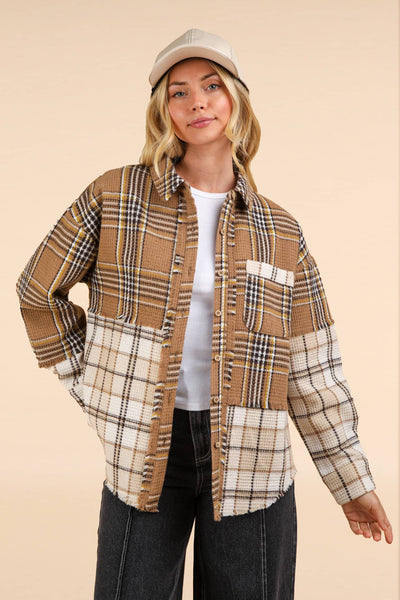 VERY J - NJ90261-Mixed Plaid Oversized Casual Shacket Jacket: OLIVE / S-M-L/2-2-2