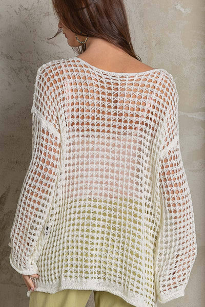 Pol Clothing - Dropped Shoulder Open Knit Boat Neck Sweater Top: M / CREAM