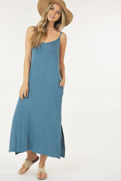 Shop Basic USA - Solid Long Dress With Spaghetti Straps: L / DUSTY GREEN