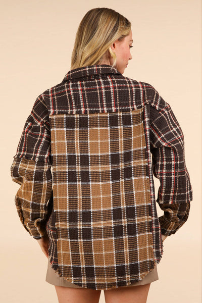 VERY J - NJ90261-Mixed Plaid Oversized Casual Shacket Jacket: IVORY / S-M-L/2-2-2